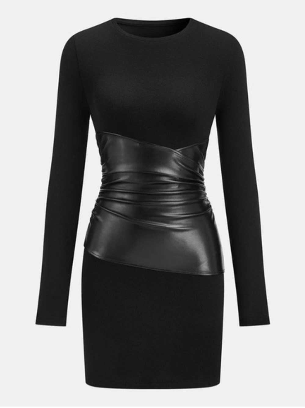 Commense Black Long-Sleeve Mini Dress with Faux Leather Waist